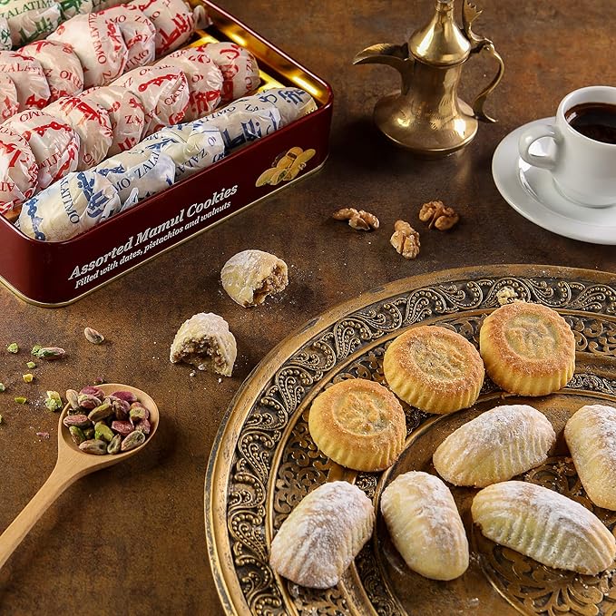 Zalatimo Sweets Since 1860 Shortbread Cookies Variety Pack, 100% All Natural Slightly Sweet, Square Metal Gift Tin, No Corn Starch, No Syrups! Assorted Baklava, Mamoul, Sesame & Butter (Pack of 3)