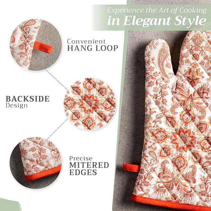 Maison d' Hermine Oven Gloves 100% Cotton Oven Mitt 7" x 13" with Loop Heat Resistant, BBQ, Cooking Gloves, Baking, Grilling, Kitchen, Handling Hot Pans (Pack of 1, Cachemire)