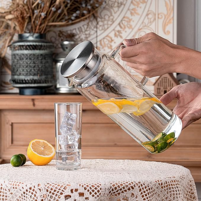 Set of 2 Glass Pitcher with Lid,2 Quart (64 oz / 1.9 Liter) Leak Proof,Glass Water Jugs, BPA-Free,Microwave & Dishwasher Safe Pitcher,Sun & Iced Tea, Sangria,Cold Brew Coffee & More