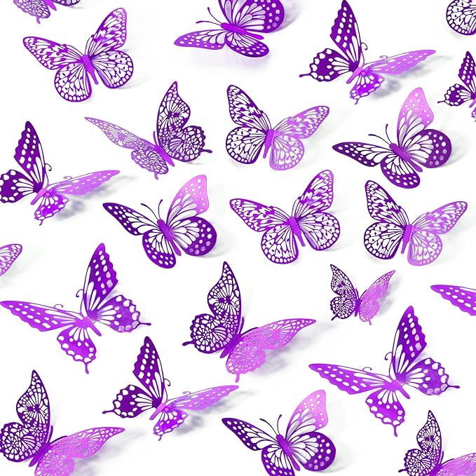 SAOROPEB 3D Butterfly Wall Decor - 48 Pcs, 4 Styles, 3 Sizes - Purple Butterfly Decorations for Birthday Parties, Removable Stickers