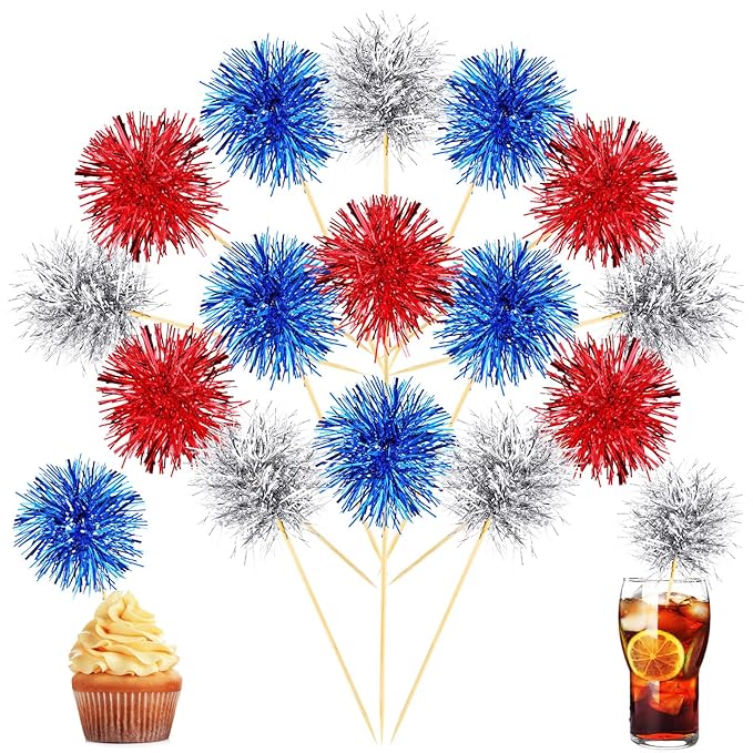Chinco 100 Pcs Foil Firework Cupcake Toppers Sparkle Tinsel Cake Toppers Cake Decoration Cocktail Fruit Toothpick for Birthday Wedding Graduation Party(Silver, Red, Blue)