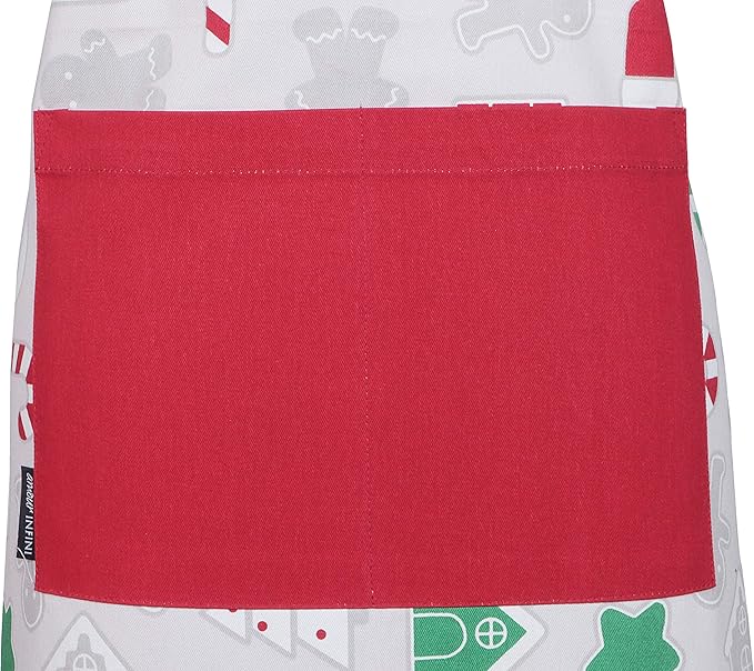 AMOUR INFINI Cotton Aprons for Women with Pocket, Adjustable Strap & Waist Ties - Washable Aprons for Baking, Cooking, Gardening (27.5 x 33 Inches - Christmas Fun)