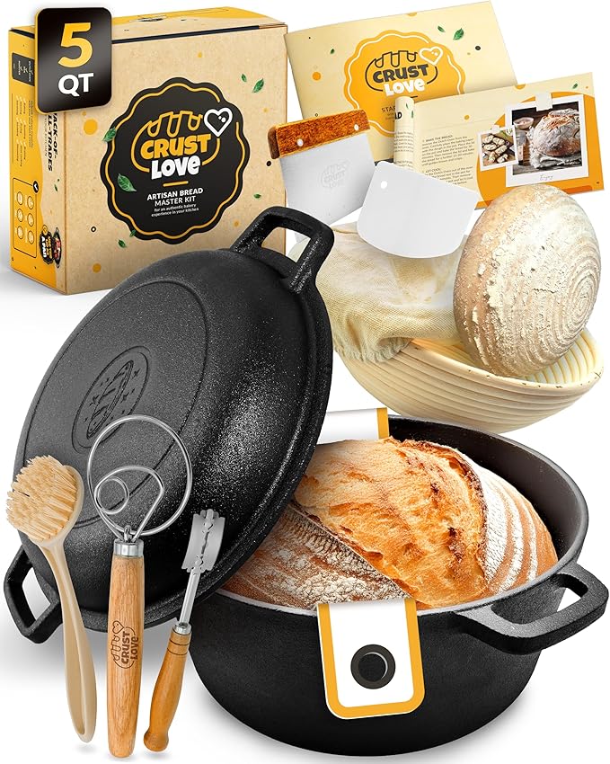 Cast Iron Dutch Oven for Bread Baking - incl. Sourdough Bread-Baking Supplies like Banneton Bread-Proofing Basket - 5QT Bread-Oven with Lid Bread-Making Kit Pan, Pot, Sour Sough Tools, Lame