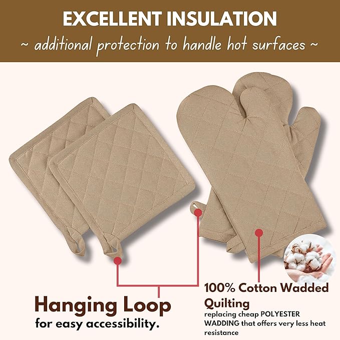 Native Fab Pot Holders and Oven Mitts Sets for Kitchen Heat Resistant- Hanging Non-Slip - 100% Cotton Oven Mitts and Pot Holders 4-Piece Set- Beige