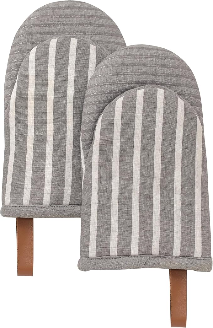 Folkulture Mini Oven Mitts Heat Resistant | (5.75 x9) Set of 2 White Short Oven Mitts with Hanging Loop | 100% Cotton Oven Gloves or Kitchen Mittens | Small Oven Mitt Set or Grey Silicone Oven Mitt