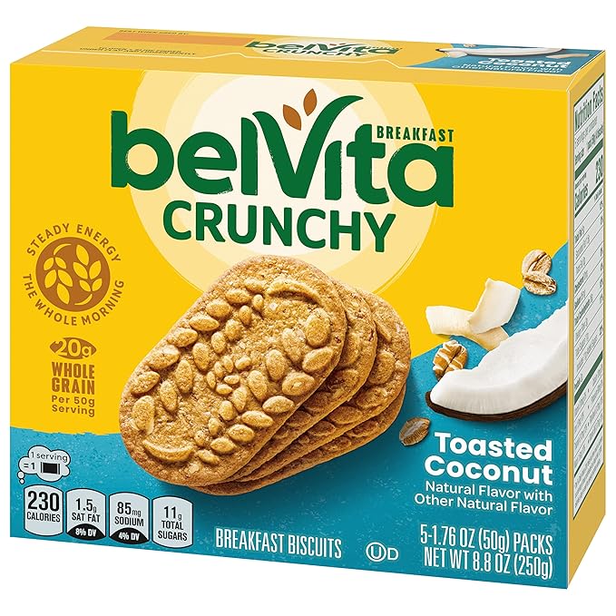 belVita Breakfast Bars Biscuits, Toasted Coconut, 30 Total Packs, 6 Boxes (4 Biscuits Per Pack)