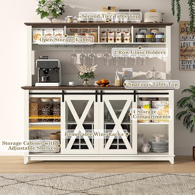 63"W Farmhouse Coffee Bar Cabinet with LED Light,Wine Bar Cabinet w/ 4 Tier Storage Hutch,Kitchen Buffet Cabinet w/Sliding Barn Door & 15 Wine and Glass Racks for Kitchen Dining Room(Antique White)