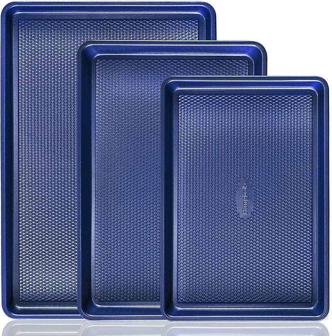 HONGBAKE Baking Sheet Pan Set, Cookie Sheets for Oven, Nonstick Half/Quarter/Jelly Roll Pans with Diamond Texture Pattern, Heavy Duty Cookie Tray, Dark Blue