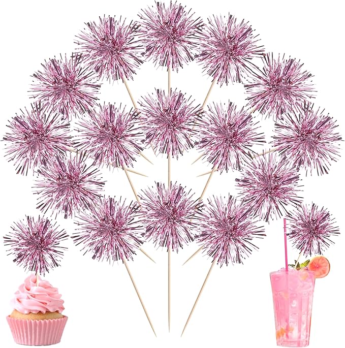 40 PCS Foil Firework Cupcake Toppers Sparkle Tinsel Cupcakae Picks Sparkler Fireworks Party Decorations Cocktail Fruit Toothpick for Birthday Wedding Graduation Party Decorations Supplies Pink