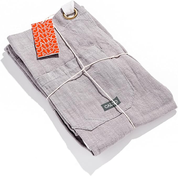 Caldo Linen Kitchen Apron for Cooking - Mens and Womens Linen Bib Apron for Professional Chef, Server, or Barista - Adjustable with Pockets (Grey)