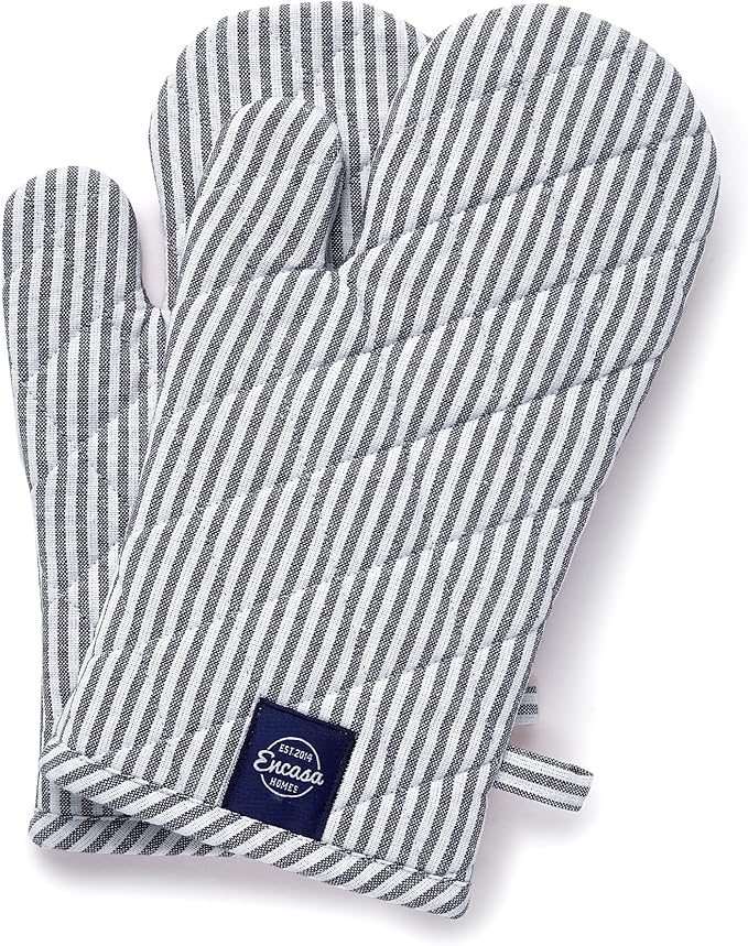 Encasa Homes Long 12"x7" Oven Microwave Hand Gloves Mitts (2 pc Set) for Kitchen Cooking & Baking - Heat Resistant, Thick & Safe, Protection of Hands from Hot Utensils - Ticking Navy Blue