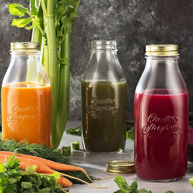 Bormioli Rocco Quattro Stagioni Glass Milk Bottle 33.75 Ounce/1 Liter with Airtight Lid, Great For Kombucha Brewing Bottle, Beer, Homemade Juicing, Smoothies, Beverages, Durable Construction. (6 Pack)