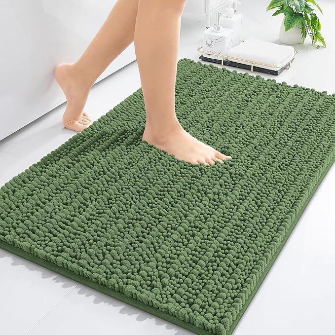 Arotive Luxury Chenille Bathroom Rug Mat, Extra Soft Thick Absorbent Shaggy Bath Rugs, Non-Slip Machine Wash Dry, Plush Bath Mats for Bathroom, Shower and Tub, 24x16, Olive Green
