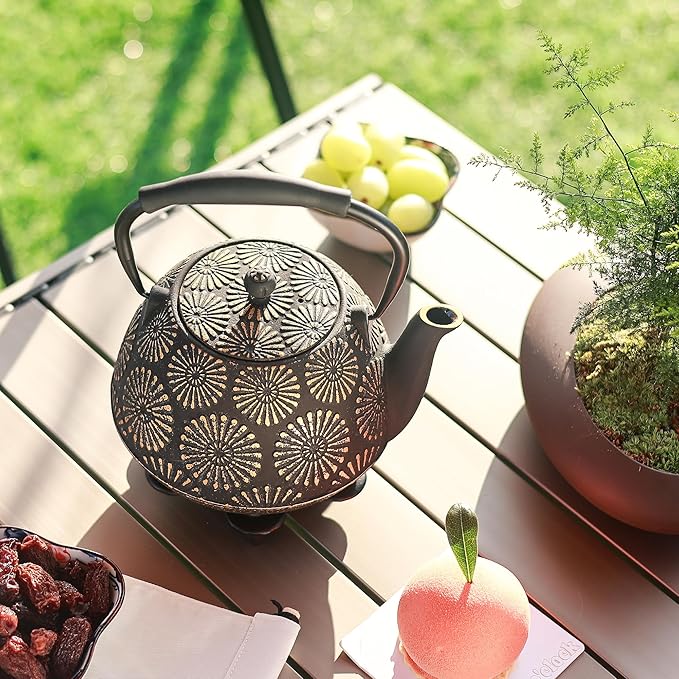 Cast Iron Teapot, 40oz Tea Kettle with Infuser for Stove Top, Sakura Design Japanese Tea Pot for Tea&Coffee Coated with Enameled Interior, Silicone Handle 1200ml black