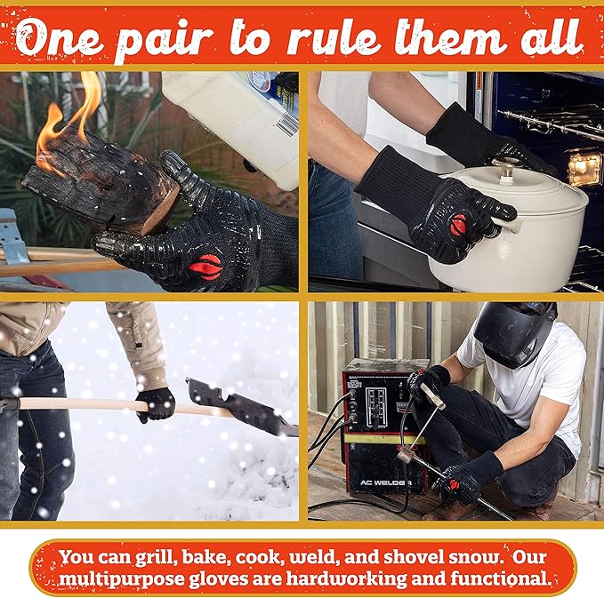 GRILL HEAT AID BBQ Grill Gloves Heat Proof for Grilling – Fireproof 1472°F Heat-Resistant Grill Mitts for Outdoor Barbecue and Smoker, Campfire, Fire Pit, Oven Glove with Fingers for Baking Pizza