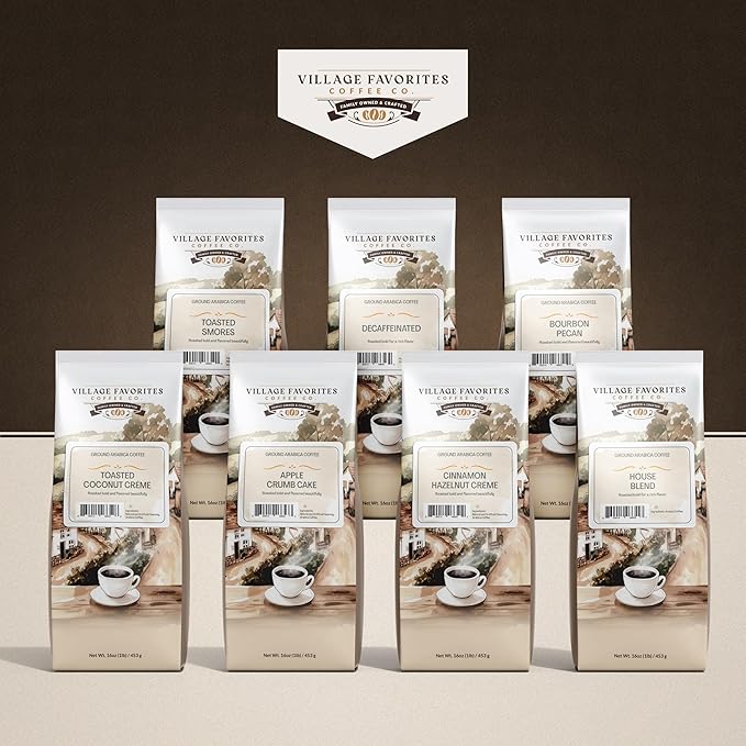 Village Favorites Flavored Coffee – Low Acid, Mold-Free, 100% Arabica, Slow Roasted Medium Roast, Smooth & Stomach Friendly, Ground, 1LB Bag (16oz)- Kosher (16oz, Bourbon Pecan)
