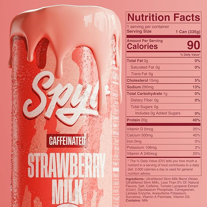 Spylt High Protein Strawberry Milk with 60mg Caffeine & 20g Protein - 90 Calories, Ready to Drink, Sugar Free, Lactose Free Milk, Perfect for Workout Recovery & Afternoon Pick Me Up - 12 Count