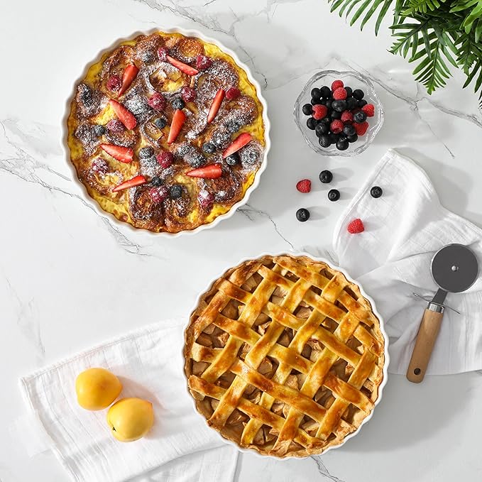 LOVECASA Porcelain Pie Pan Quiche Baking Dish,10 Inch Non-Stick Round Pie Dish Quiche Pan,Tart Pan with Ruffled Edge,Pie Plate for Apple, Quiche, Pot Pies, Tart,Set of 2, White