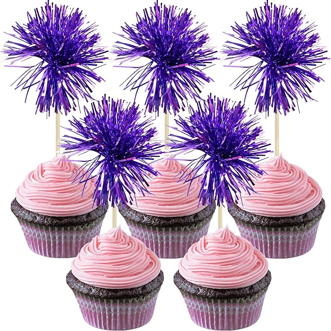 Gyufise 30Pcs Foil Firework Cupcake Toppers Sparkle Tinsel Cake Toppers Tinsel Drink Cake Decoration Cocktail Picks for Birthday Wedding Graduation Party Supplies Dark Purple