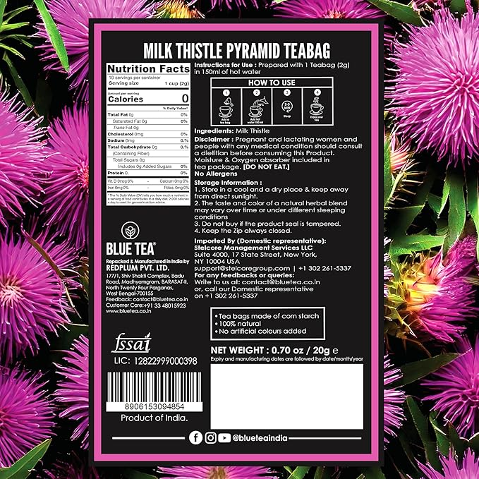 BLUE TEA - Milk Thistle Tea - 10 Count - Pyramid Plant Based Tea Bag | Liver Cleaning and Immune Support | Milk Thistle Seeds - Caffeine Free - Herbal Tea - Non Bitter | Zipper Pack