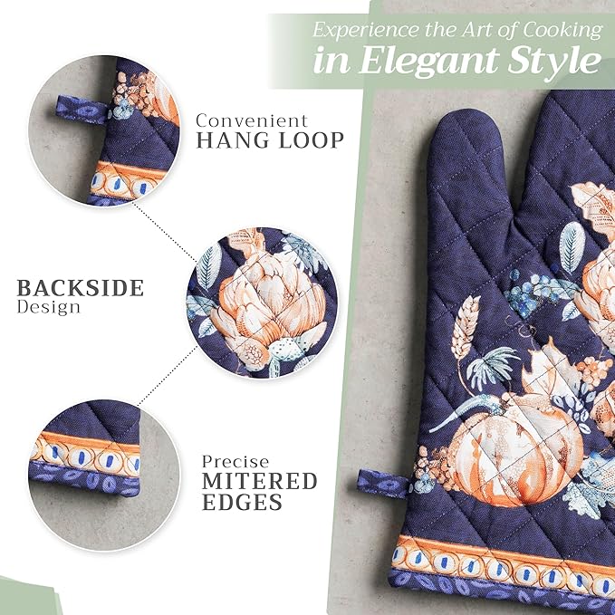 Maison d' Hermine Oven Gloves 100% Cotton Oven Mitt 7" x 13" with Loop Heat Resistant, BBQ, Cooking Gloves, Baking, Grilling, Kitchen, Handling Hot Pans (Pack of 1, Pumpkin Blues)