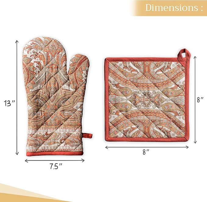 Maison d' Hermine 100% Cotton Oven Mitt & Pot Holder Set (7.5"x13" & 8"x8") Heat Resistant BBQ Cooking Gloves with Loop, Baking, Grilling, Kitchen, Handling Hot Pans (Kashmir Paisley)