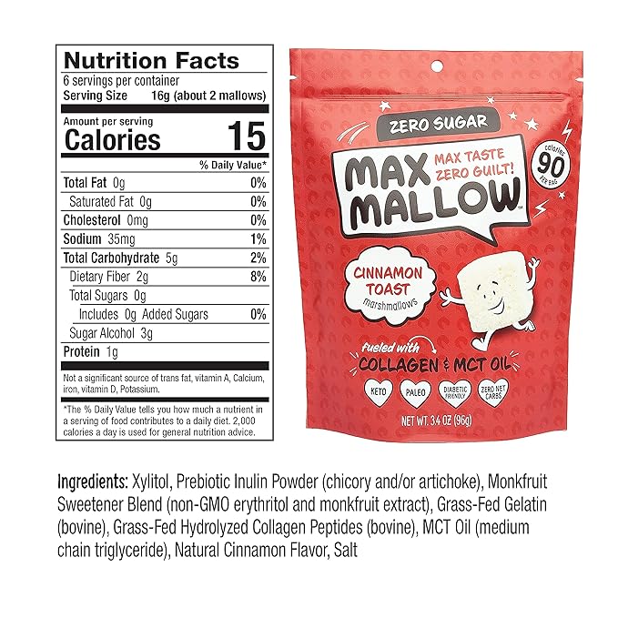 Max Mallow Sugar Free Marshmallows - Keto Friendly, Perfect for S'mores, Hot Chocolate, and Baking with Zero Sugar Snacks, Smores Mct Oil Zero Sugar Marshmellow Marshmallow Cinnamon Toast, 3 Pack