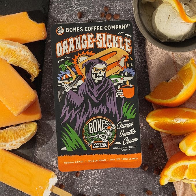 Bones Coffee Company Orange Sickle, Orange Vanilla Cream Flavored Coffee, Medium Roast Low Acid Arabica Beans Compatible with Auto drip and French Press Coffee Maker, 12 Oz Whole Bean