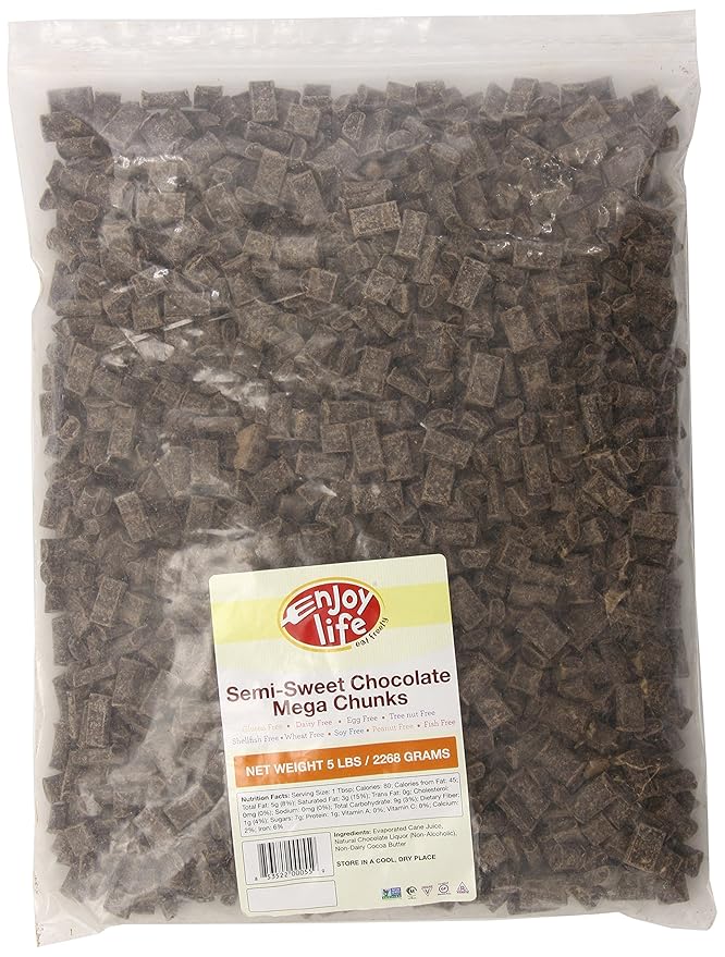 Enjoy Life Semi-Sweet Mega Chunks, Baking Chocolate Chips Bundle, Vegan, Dairy Free, Gluten Free, Nut Free, Kosher, Soy Free Allergy Friendly, 5 Lbs.