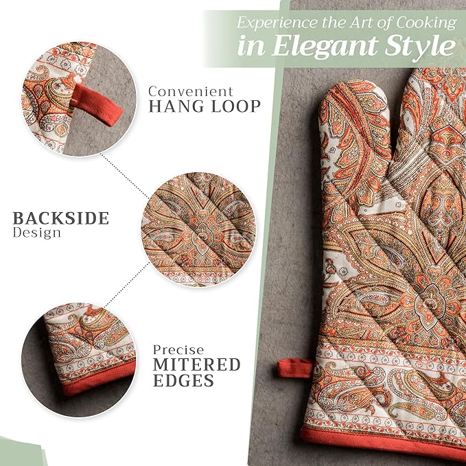 Maison d' Hermine 100% Cotton Oven Mitt & Pot Holder Set (7.5"x13" & 8"x8") Heat Resistant BBQ Cooking Gloves with Loop, Baking, Grilling, Kitchen, Handling Hot Pans (Kashmir Paisley)