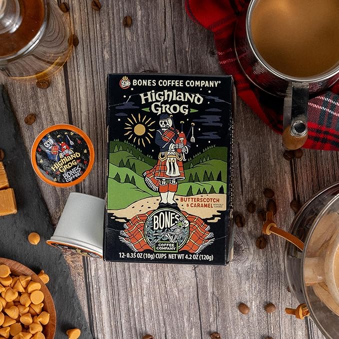 Bones Coffee Company Flavored Coffee Bones Cups Highland Grog Butterscotch Caramel | 12ct Single-Serve Coffee Pods Compatible with Keurig 1.0 & 2.0 Keurig Coffee Maker