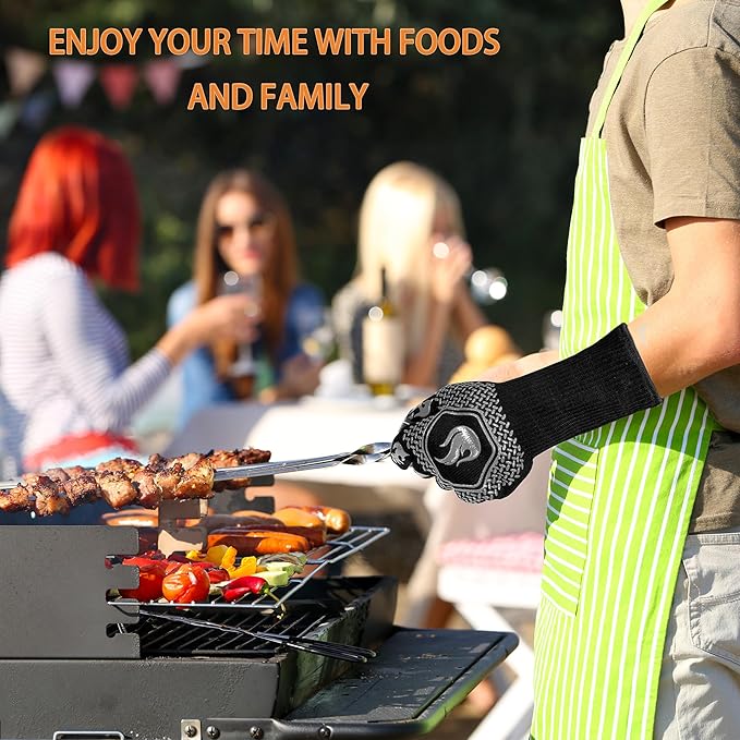 BBQ Fireproof Gloves, Grill Cut-Resistant Gloves 1472°F Heat Resistant Gloves, Non-Slip Silicone Oven Gloves, Kitchen Safe Cooking Gloves for Oven Mitts,Barbecue,Cooking, Frying,13.5 Inch-Grey