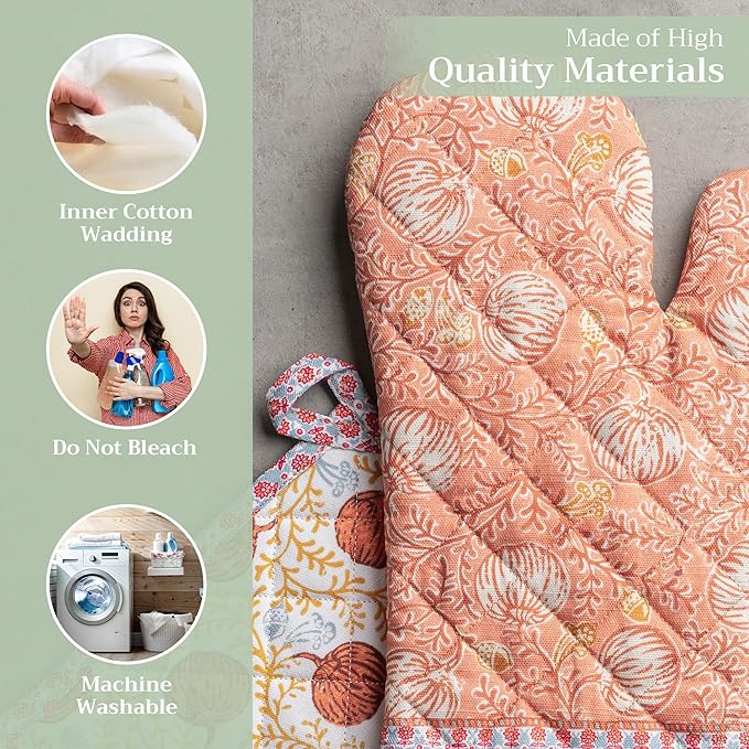 Maison d' Hermine 100% Cotton Oven Mitt & Pot Holder Set (7.5"x13" & 8"x8") Heat Resistant BBQ Cooking Gloves with Loop, Baking, Grilling, Kitchen, Handling Hot Pans (Harvest Festival)