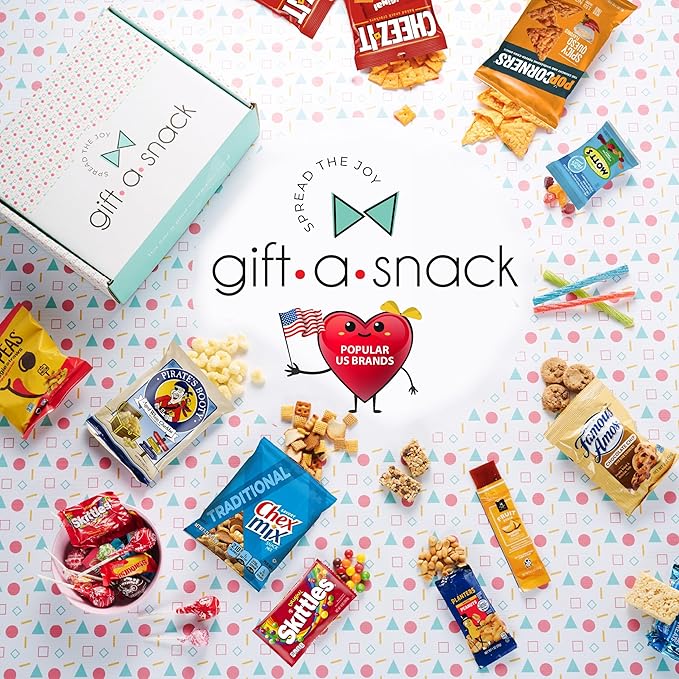 Gift A Snack - Thanksgiving, Holiday, Christmas Stocking Stuffer Snack Box Variety Pack Care Package + Greeting Card (50 Count) Birthday Sweet Treats Gift Basket, Candies Chips Crackers Bars