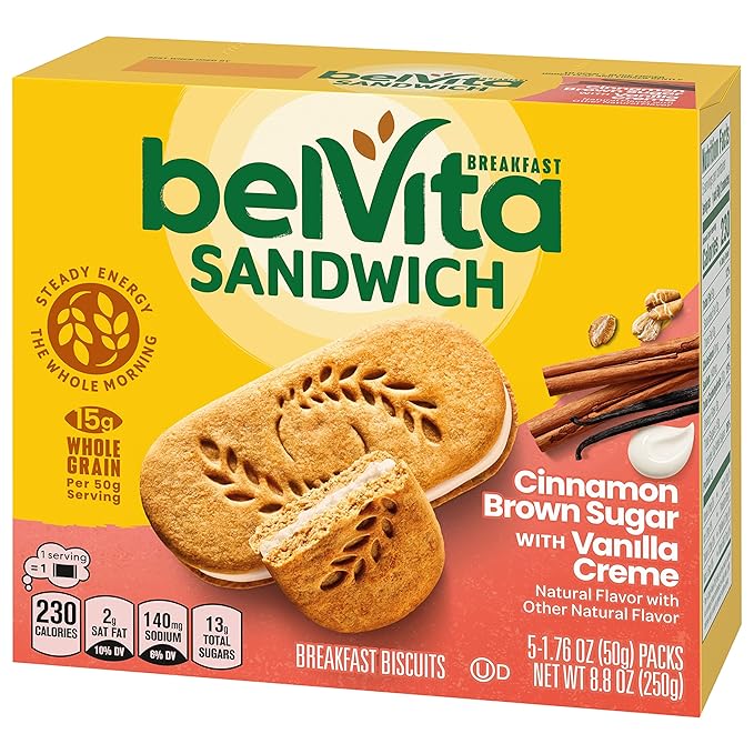 belVita Breakfast Bar Biscuit Sandwiches, Cinnamon Brown Sugar with Vanilla Creme, 30 Total Packs, 6 Boxes (2 Biscuits Per Pack)
