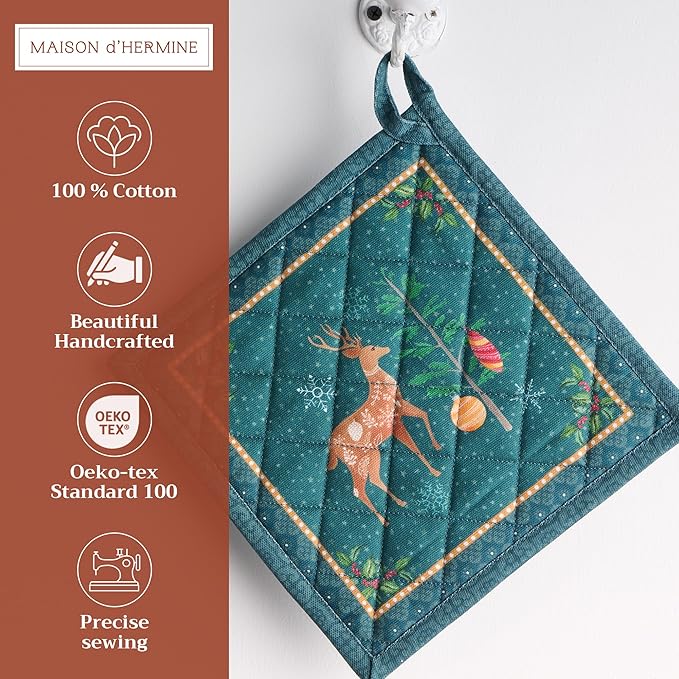 Maison d' Hermine Pot Holders Set 100% Cotton Heat Resistant Potholders 8" x 8" Hot Pads with Loop BBQ, Cooking, Baking, Grilling, Kitchen, Handling Hot Pans (Pack of 2, Hygge Christmas)
