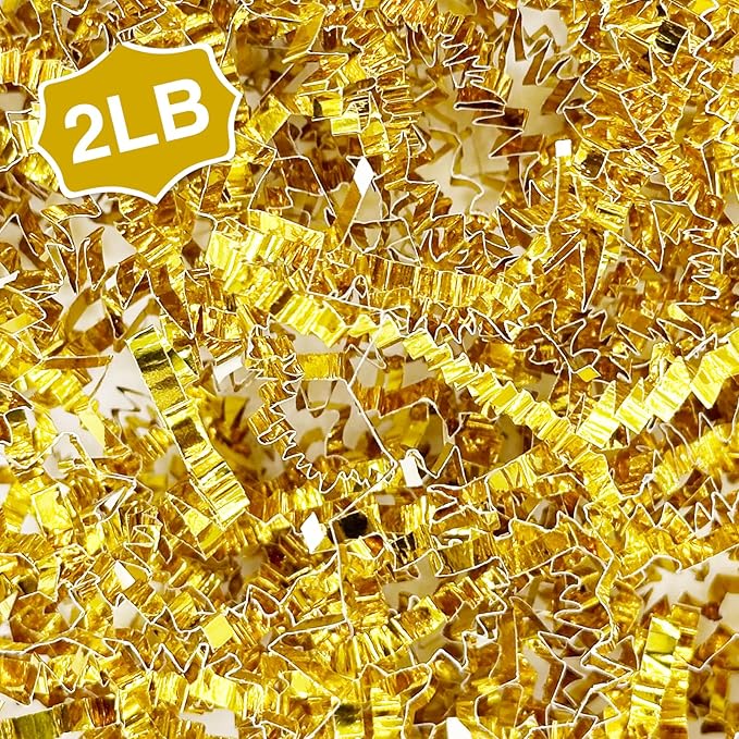 2LB Crinkle Cut Paper Shred Filler for Bag Gift Box Basket Confetti Paper Shreded Stuffing Decoration for Valentine's Day Holiday Party(Gold)