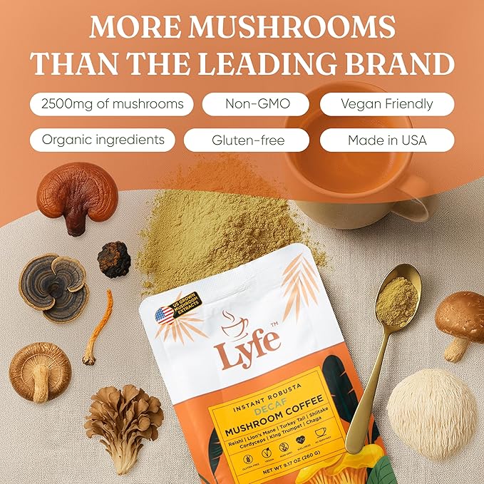LYFE Organic Instant Decaf Mushroom Coffee – Lion’s Mane, Chaga, Cordyceps, Turkey Tail | USA Grown Adaptogenic Mushrooms for Better Energy, Focus, Gut Health, Immunity – 40 Servings
