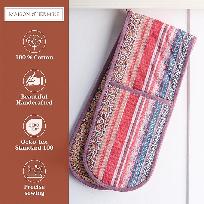Maison d' Hermine Double Oven Mitts 100% Cotton 7"x35" Double Oven Mitt Heat Resistant BBQ Cooking Gloves with Loop, Baking, Grilling, Home, Kitchen, Handling Hot Pans (Ispahan)