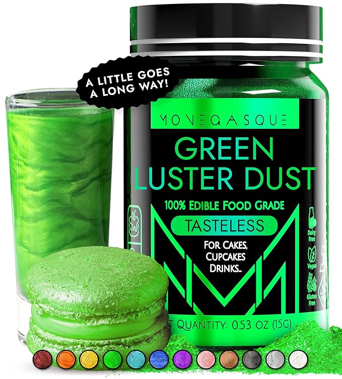 MONÉGASQUE Green Edible Glitter for Drinks 15g – Halloween Edible Glitter for Cakes & Cocktails – Luster Dust for Drinks & Cake Decorating – Cocktail Drink Shimmer Powder – Green Food Coloring Spray