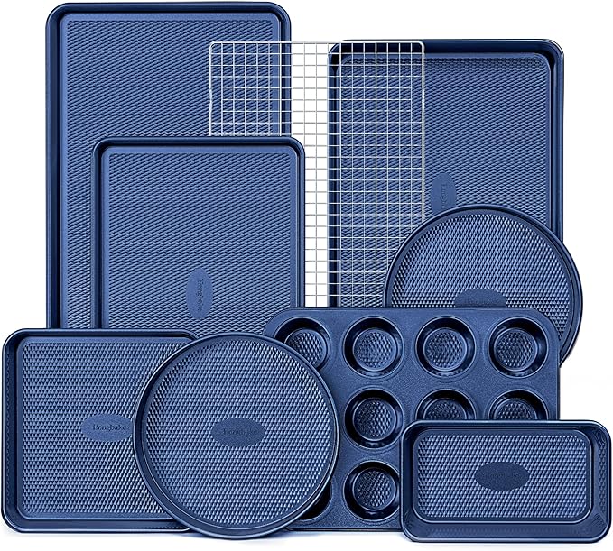 HONGBAKE 9-Piece Baking Pans Set Nonstick, Stackable Non Toxic Bakeware Sets with Diamond Texture, Oven Pan Set for Cooking, Includes Cookie Sheet with Rack, Cake Pan, Roasting Pan, Muffin Tin, Blue
