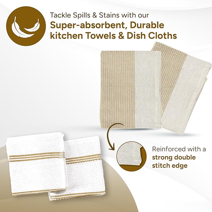 Casa Platino Pot Holders and Oven Mitts, 8-Piece – 500°F Heat Resistant Mini Oven Mitts with Silicone Grip, Potholders for Kitchens, 2 Kitchen Towels & 2 Dish Cloths – Non-Slip & Durable – Beige