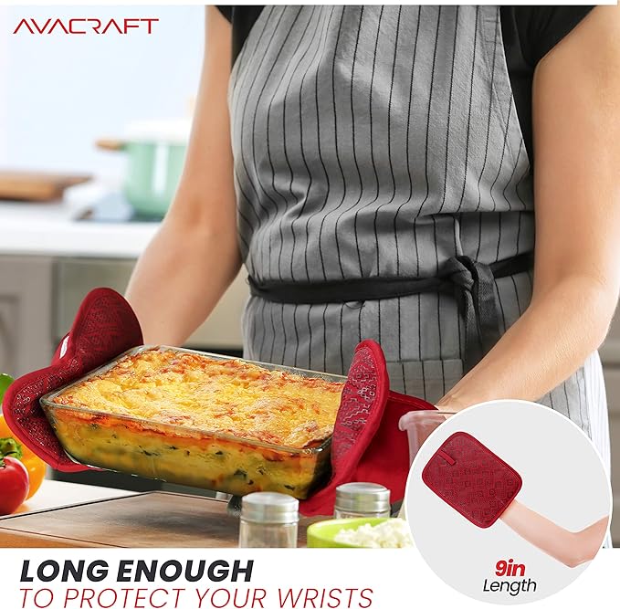 AVACRAFT Red Pot Holders Set, Flexible, 100% Cotton with Non-Slip Heat Resistant Silicone Design, Thick Terry Cloth Interior, Hot Pads, 500 F Heat Resistant Kitchen Mitts (Red Pot Holder)