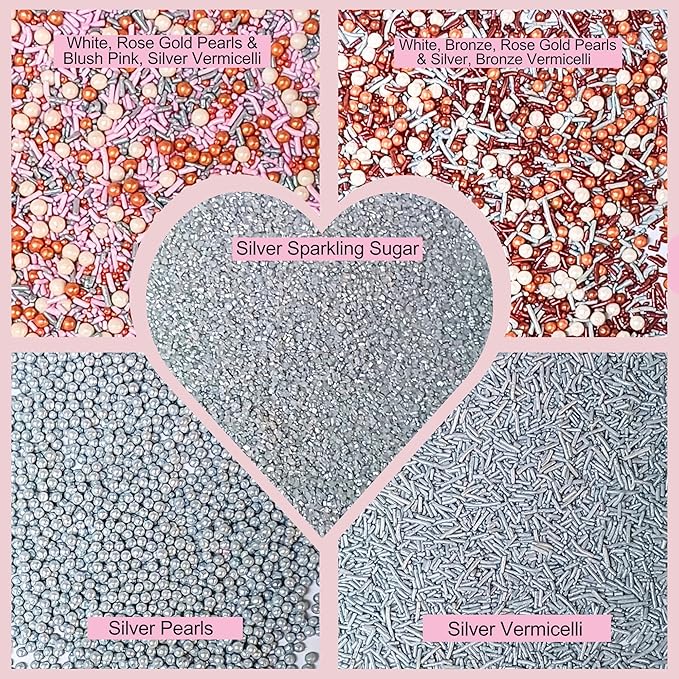 Confect Edible Cake Sprinkles Mix – Silver, Bronze & White Pearls, Silver Jimmies, Sparkling Sugar – Dessert Toppings for Cakes, Cupcakes, Cookies & Baking Decoration | Vegan, Gluten-Free, Nut-Free, Soy-Free, Dairy-Free, Palm Oil-Free- 5 Oz