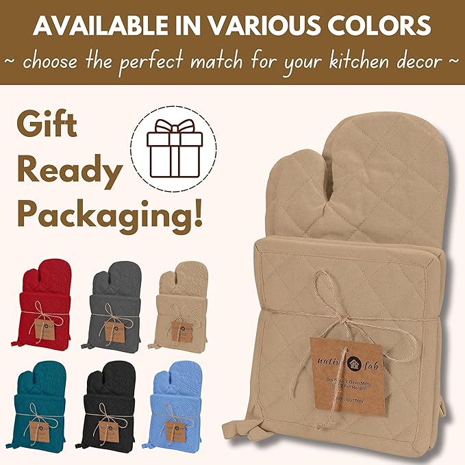 Native Fab Pot Holders and Oven Mitts Sets for Kitchen Heat Resistant- Hanging Non-Slip - 100% Cotton Oven Mitts and Pot Holders 4-Piece Set- Beige