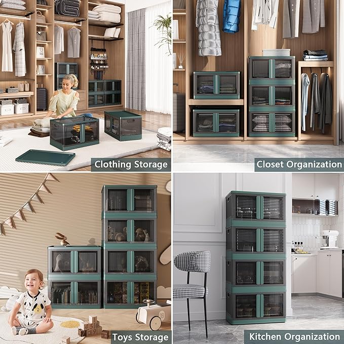 19Gal Collapsible Storage Bins with Lids & Wheels - 1 Pack Stackable with Doors, Heavy-Duty Plastic Containers for Home/Office, Green
