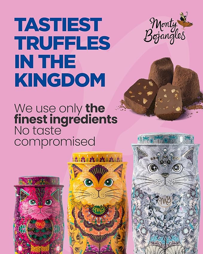 Monty Bojangles Spirit Blue Cocoa Dusted Truffles Cat Tin (4.37 oz) - Coconut Crush Luxury Chocolatey Truffles - Collectable Cat Tin Chocolate Gift