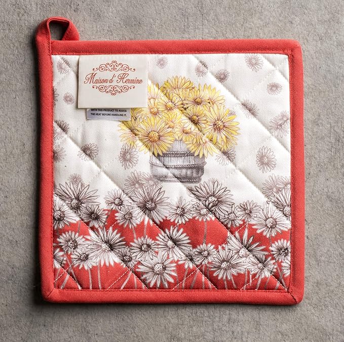 Maison d' Hermine Pot Holders 100% Cotton Heat Resistant Potholders 8" x 8" Hot Pads with Loop BBQ, Cooking, Baking, Grilling, Kitchen, Handling Hot Pans (Pack of 1, Bagatelle)