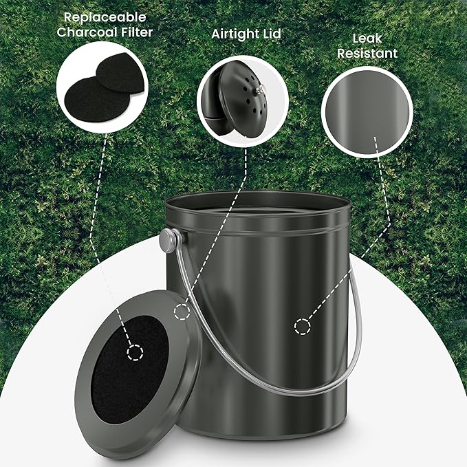 Utopia Kitchen Compost Bin for Kitchen Countertop, 1.3 Gallon Compost Bucket for Kitchen with Lid, Includes 1 Spare Charcoal Filter (Grey)