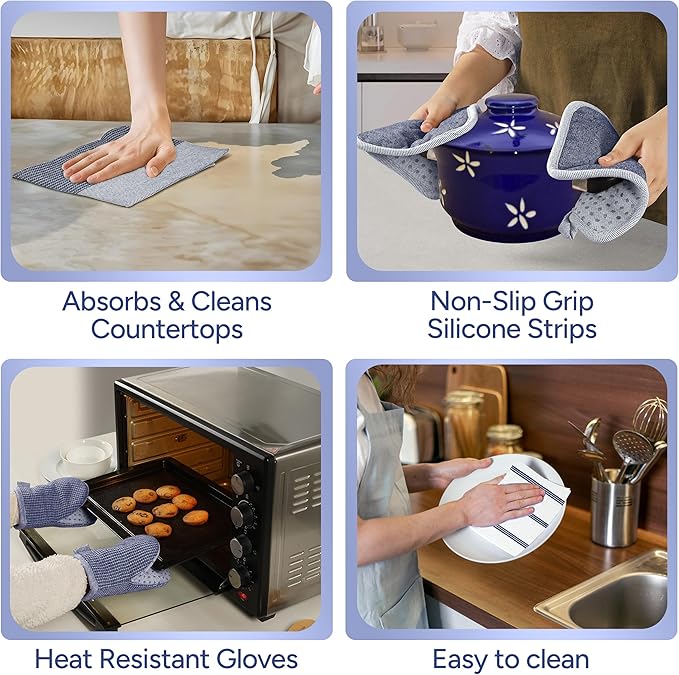 Casa Platino Mini Oven Mitts Set, 8-Piece – 500°F Heat Resistant Silicone Oven Mitts, Potholders for Kitchens, 2 Kitchen Towels & 2 Dish Cloths – Non-Slip & Durable – Indigo